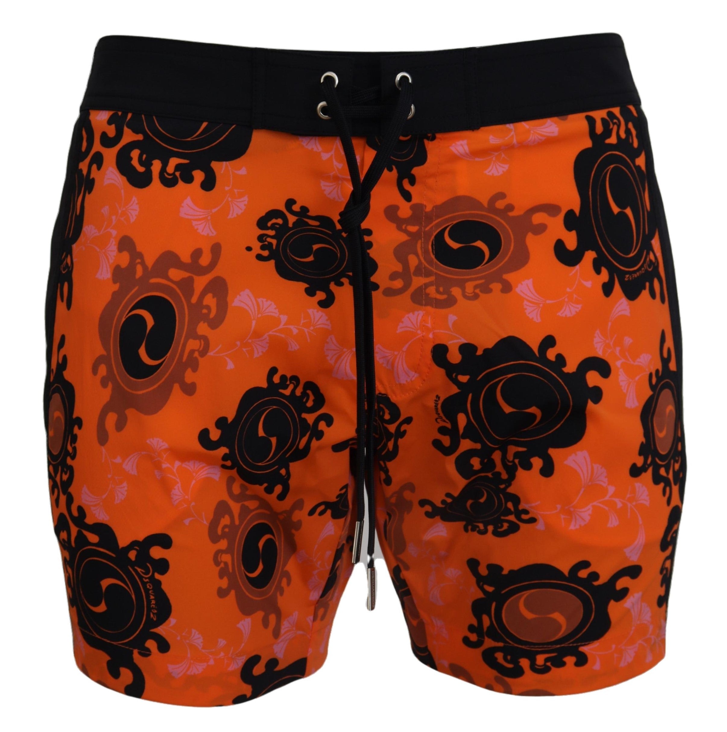 DsquaredÂ² Orange Black Printed Men Beachwear Shorts Swimwear - IT48 | M