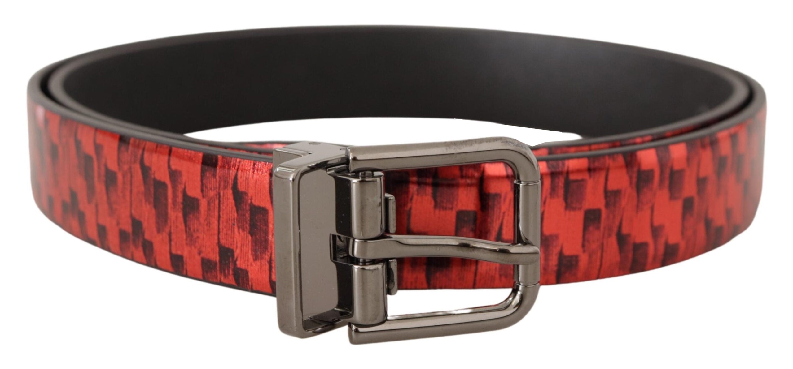 Dolce & Gabbana Red Herringbone Leather Gray Tone Buckle Belt - 90 Cm / 36 Inches