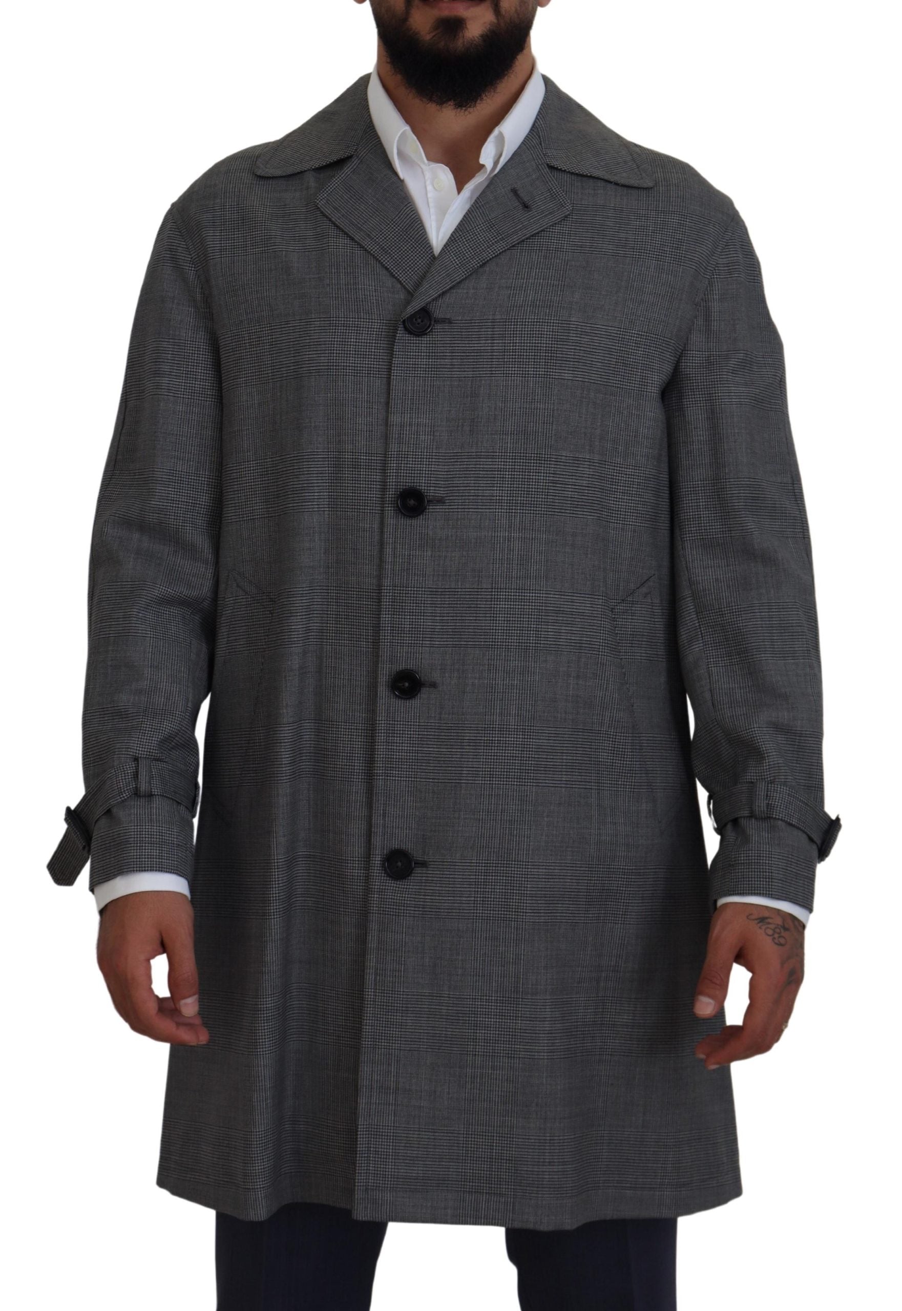 Dolce & Gabbana Gray Wool Plaid Long Trench Coat Jacket Trench Coat Jacket - IT44 | XS