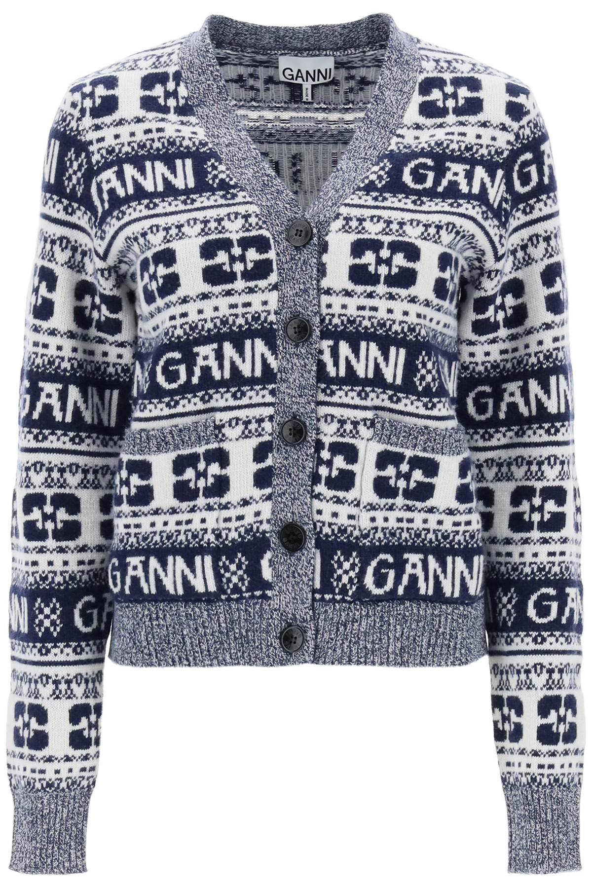 Ganni Jacquard Wool Cardigan With Logo Pattern - L Bianco