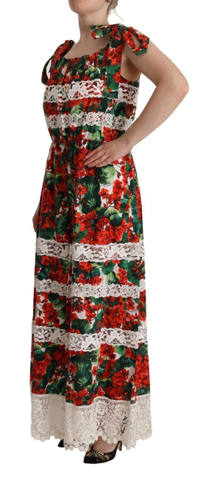 Dolce & Gabbana Multicolor Geranium Print Lace Long Maxi Dress – SEYMAYKA