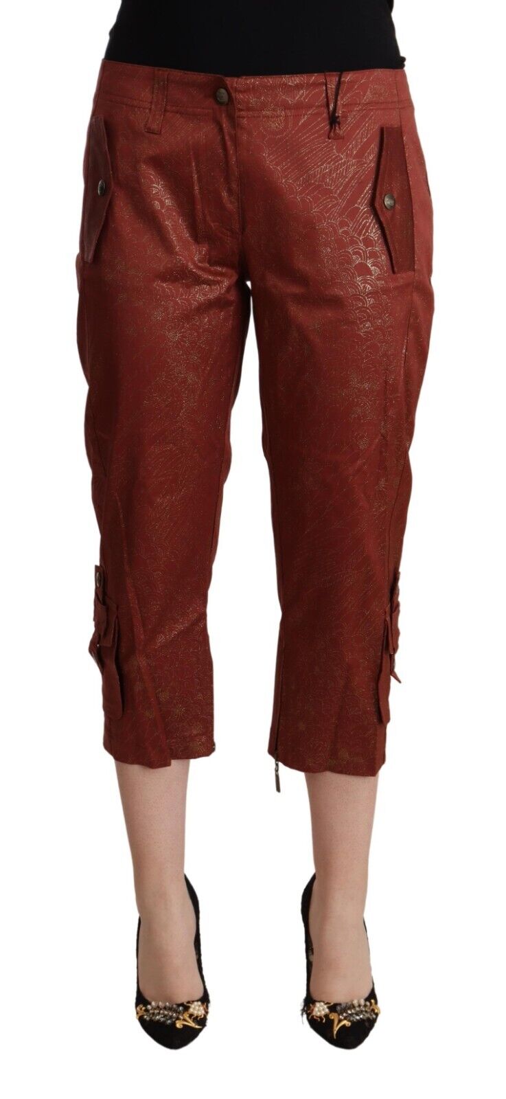 Just Cavalli Brown Lurex Mid Waist Cotton Cropped Capri Pants - IT40|S