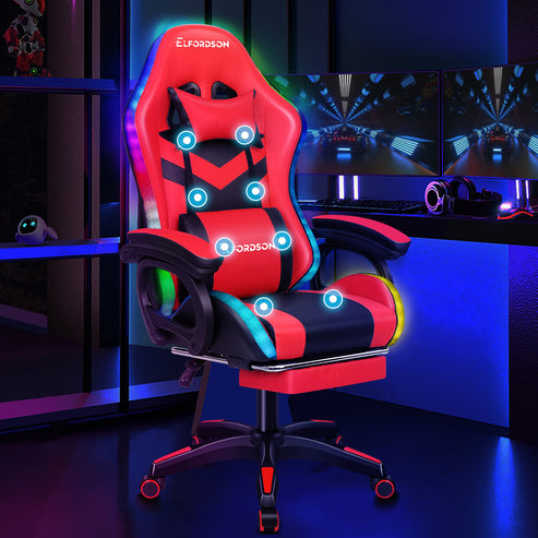 ELFORDSON Gaming Chair with RGB LED Light 8-Point Massage, Red & Black# ...