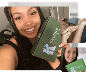 A collage of three images: a smiling woman is holding a green box of Restore Patch Anxiety Relief Patch, an image of a woman applying a Restore patch on her left wrist, and the bottom image is a picture of a smiling woman holding a green Restore Patch Anxiety Relief Patch box. 