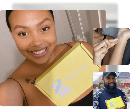 A collage of three images: a woman is smiling while showing a yellow box of Restore Patch Clarity-Focus Patch, an image of a woman applying a Restore patch on her left wrist, and the bottom image is a picture of a smiling man holding a yellow Restore Patch Clarity-Focus box. 
