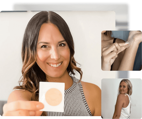 A collage of three images: a woman is smiling while showing a Restore patch, an image of a woman applying a Restore patch on her left wrist, and the bottom image is a smiling woman showing her left shoulder with a Restore patch on.