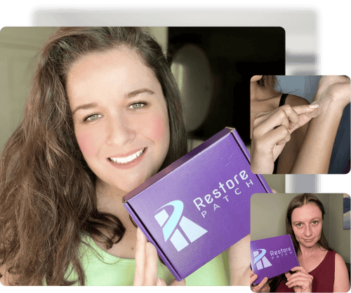 A collage of three images: a woman is smiling while showing a purple box of Restore Patch Migraine-Headache Patch, an image of a woman applying a Restore patch on her left wrist, and the bottom image is a picture of a woman holding a purple Restore Patch Migraine-Headache box. 