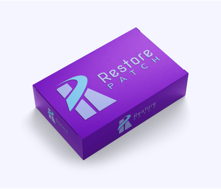 A purple box of Restore Patch Migraine - Headache Patch.