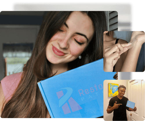 A collage of three images: a woman closes her eyes while showing a light blue box of Restore Patch Sleep Patch, an image of a woman applying a Restore patch on her left wrist, and the bottom image is a picture of a smiling man holding and pointing at a light blue Restore Patch Sleep Patch box. 