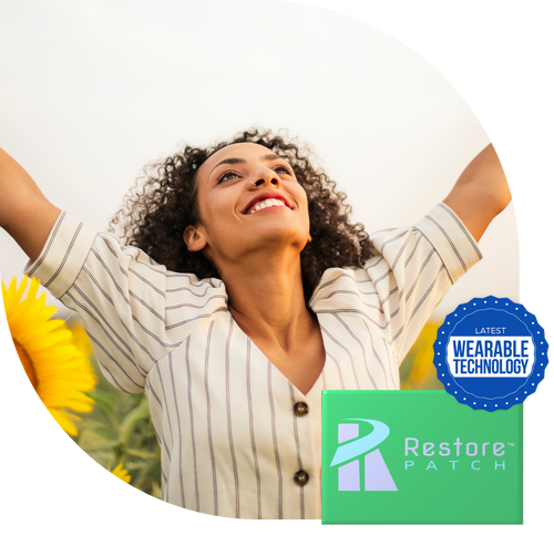 A woman is smiling and stretching both her arms while looking up and a box of Restore Patch Anxiety Relief Patch is placed below the right side of her image with a Wearable Technology blue sticker placed on top of the box.