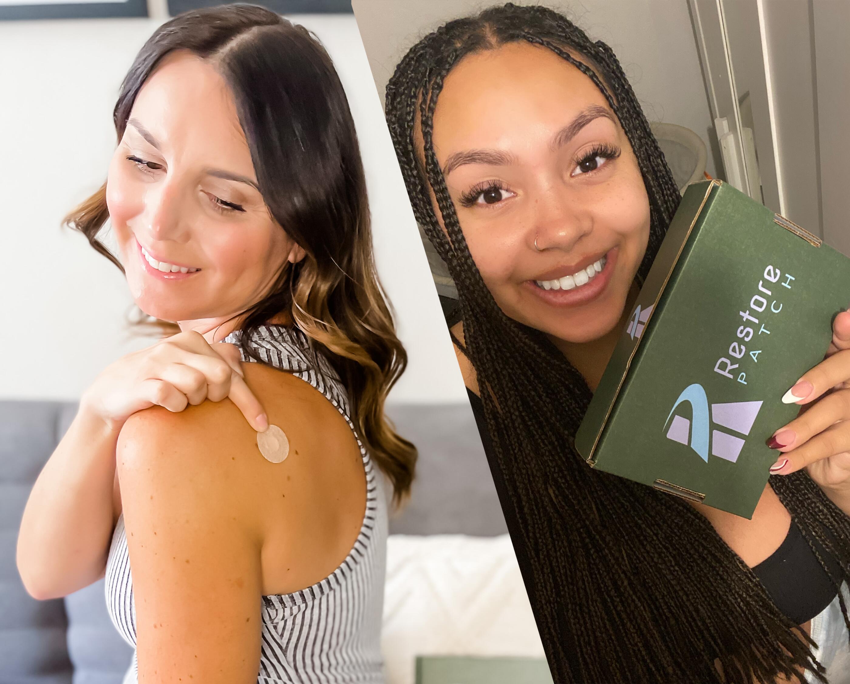 Left: A woman wearing a tank top is smiling and pointing to a Restore patch placed on her left shoulder. Right: A woman is holding a Restore Patch Anxiety Relief box while smiling and showing the box. 