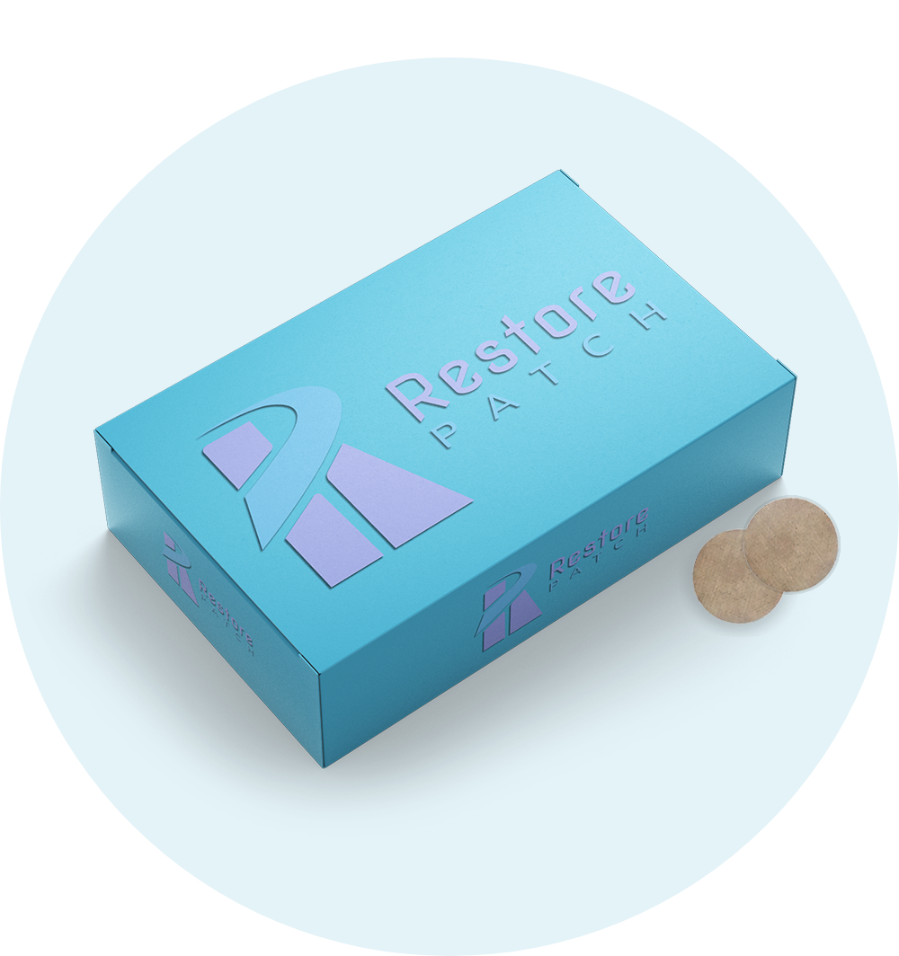 A light blue box of Restore Patch Sleep Patch.