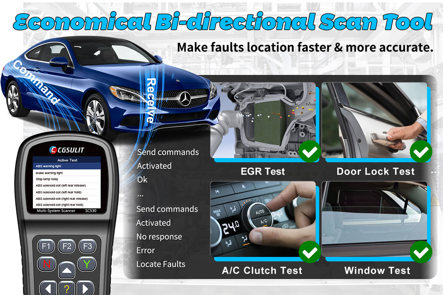 SC530 Bi-directional scan tool sends commands to the vehicle ECU for component testing, which helps to quickly find out the cause of the problem.