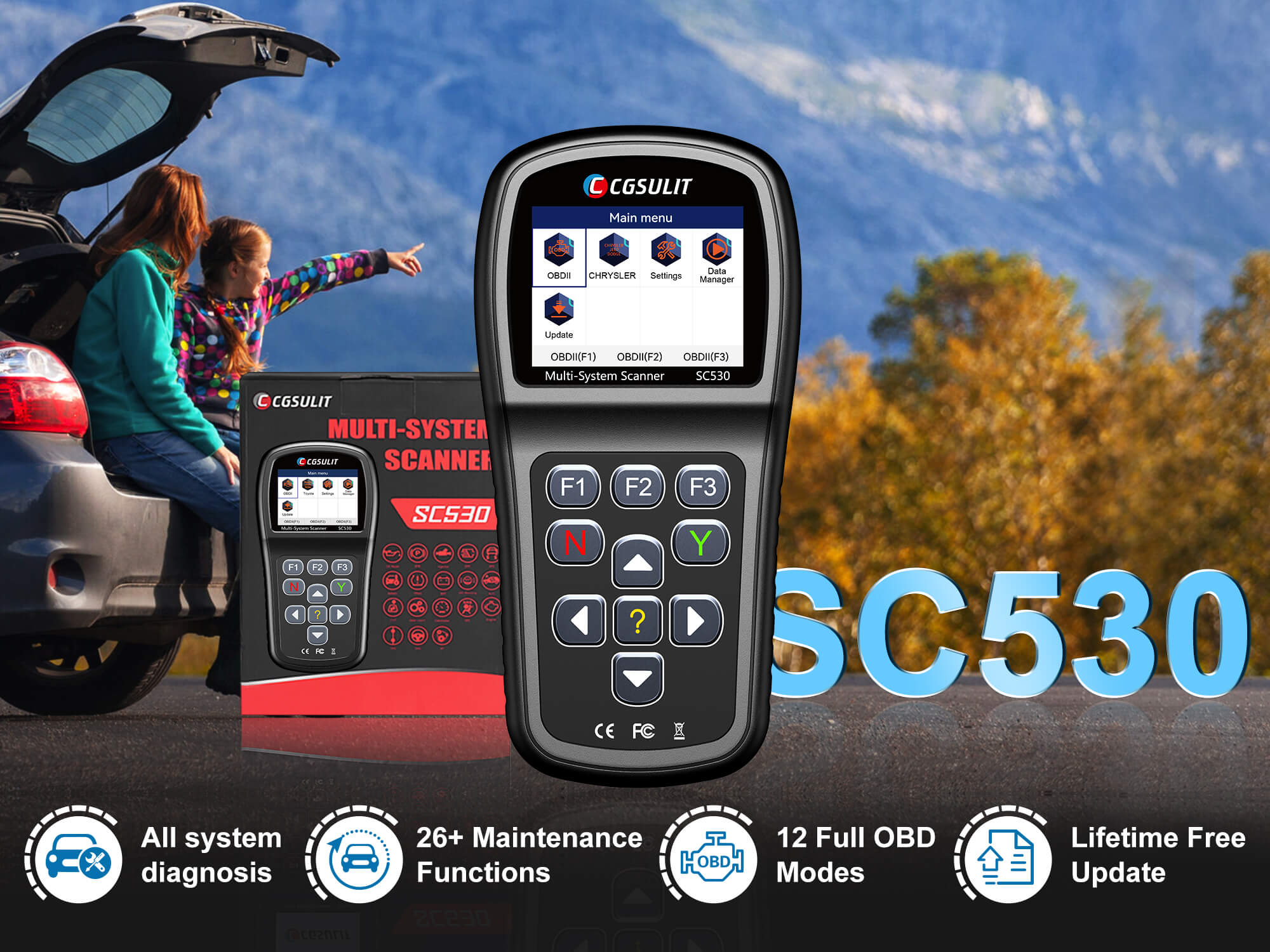 CGSULIT SC530 Chrysler/Jeep/Dodge Scan Tool support full system diagnosis, has 26+ reset maintenance functions, 10 obd2 modes and support lifetime free update service.