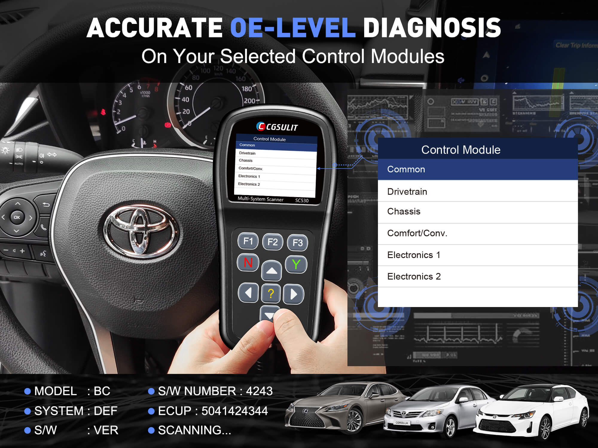 SC530 OE-Level scanner performs an automatic system test to determine which control modules are installed on the vehicle and provides diagnostic trouble codes overview.