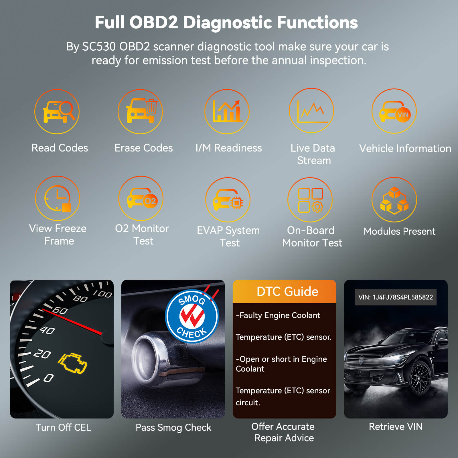 SC530 OBDII code reader support 10 OBD2 modes. It quickly turns off the Check Engine Light(MIL) and helps you pass the smog check.