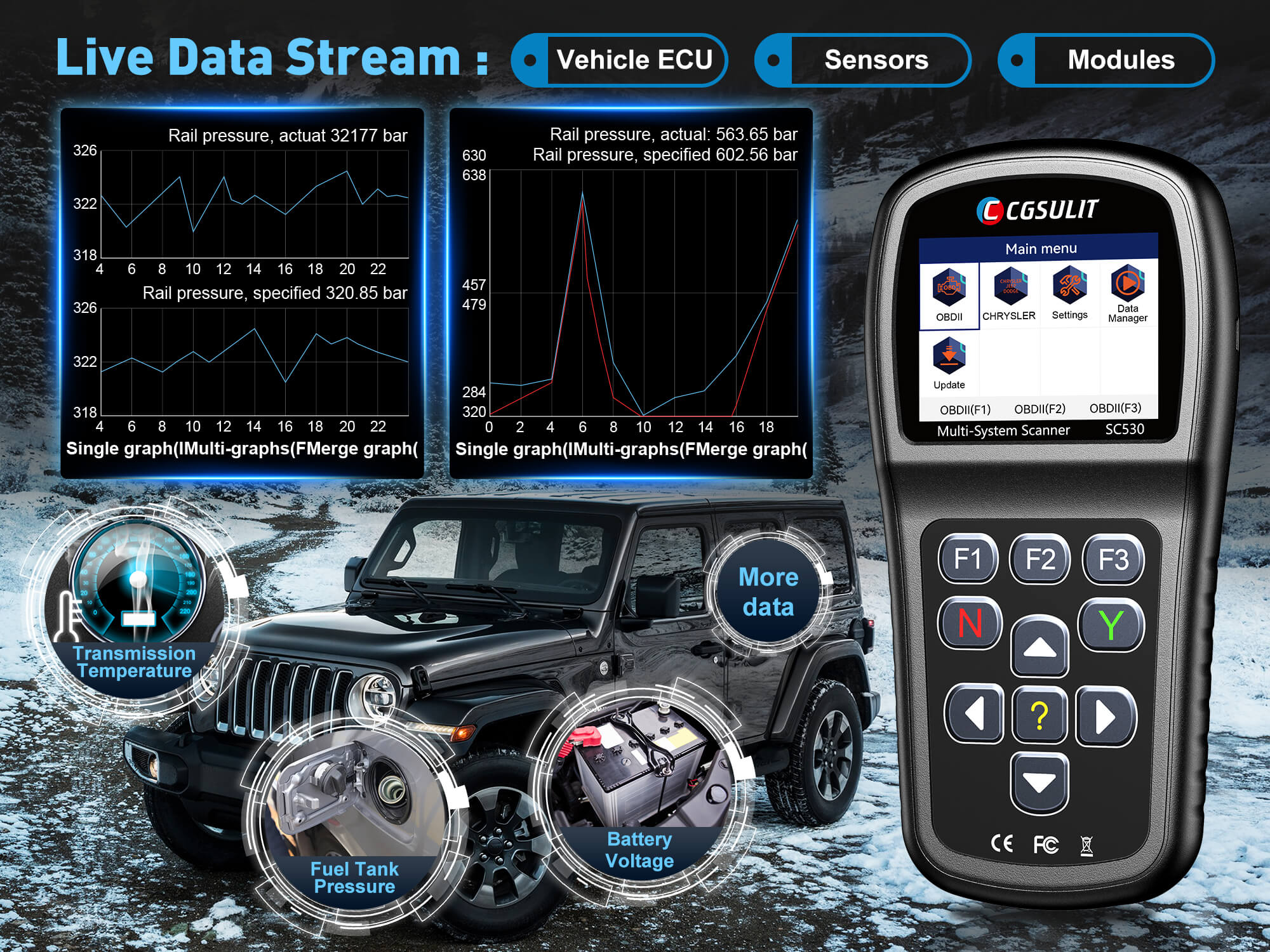 SC530 Shows Live Data Stream of Vehicle ECU, Sensor and Modules. Single, multiple and merged graphs are supported.