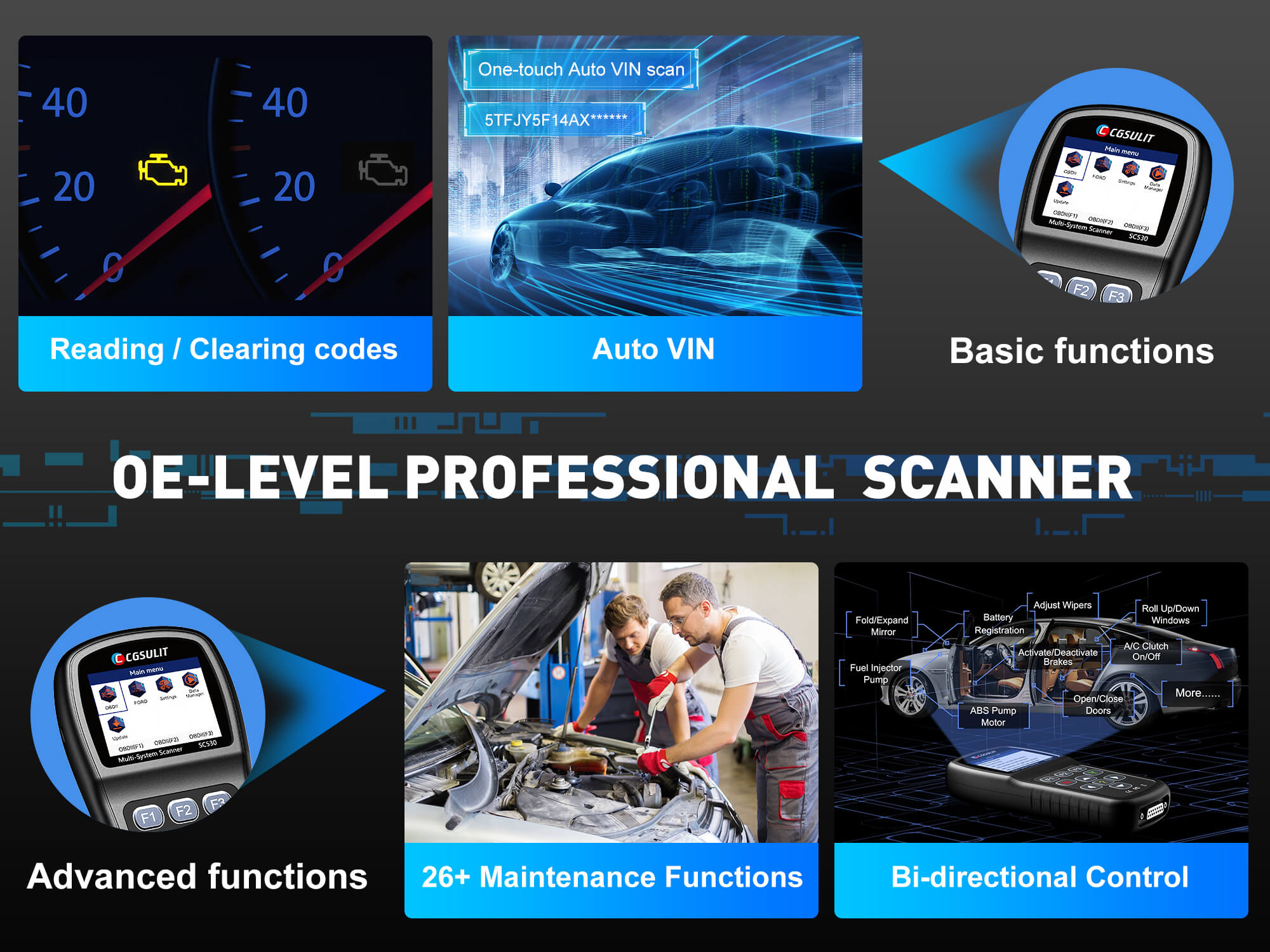 One SC530 auto scanner is also enough for professional car diagnosis, it provides OE- Level diagnosis on all the electronic systems. It does not only include basic functions  such as reading/clearing codes and lives data display, but also is capable of advanced functions such as actuation, activation, adaptation, initialization, learn/relearn, adjustment and coding.