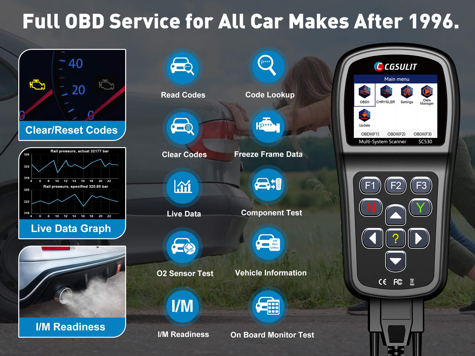 SC530 OBDII code reader support 10 OBD2 modes. It quickly turns off the Check Engine Light(MIL) and helps you pass the smog check.