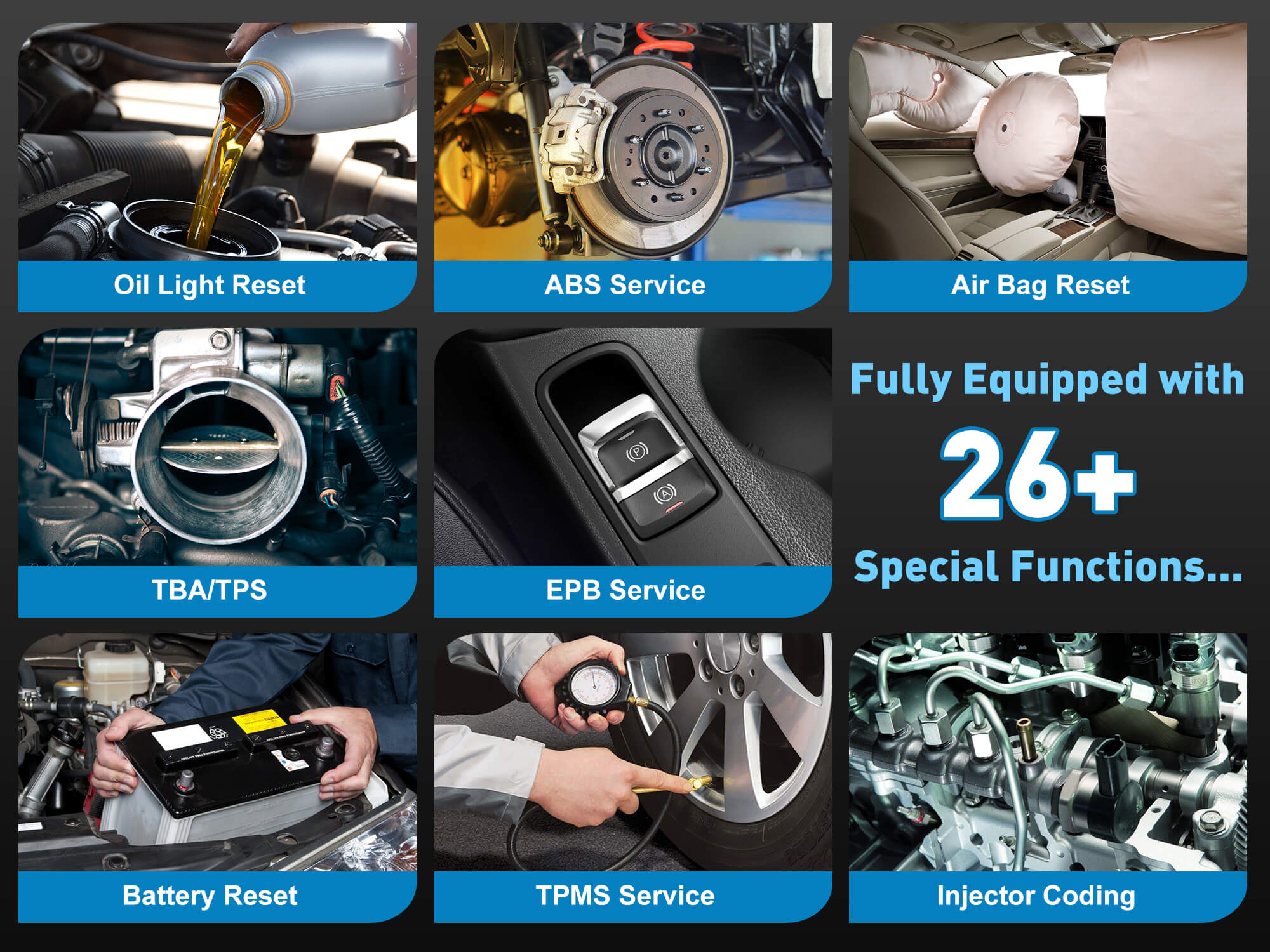 CGSULIT SC530 Chrysler/Jeep/Dodge Scan Tool has 26+ special functions. Get your service done efficiently and effortlessly. It performs oil light reset, abs bleeding, air bag reset, TBA/TPS, EPB service, battery reset, sas calibration, TPMS service, injector coding and more functions.