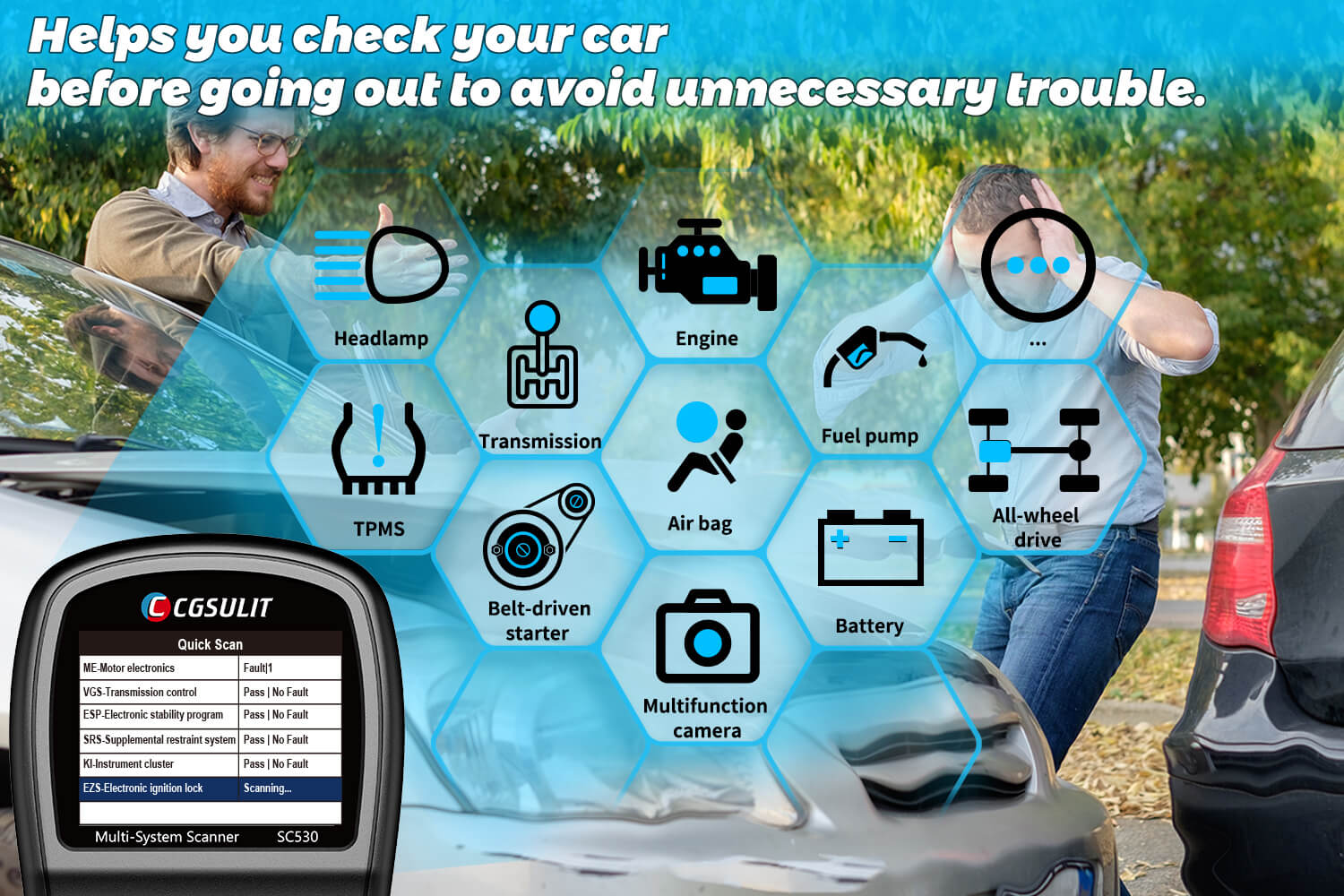 CGSULIT SC530 professional OE-level full system diagnosis. It can quickly turns off all warning lights like oil, abs, airbag, sas, tpms, engine, transmission and more lights.