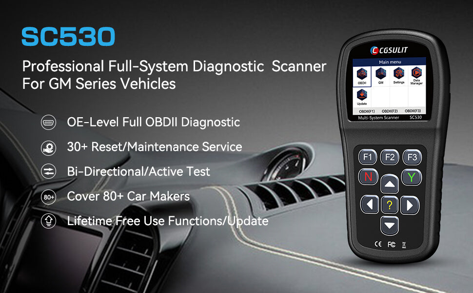 CGSULIT SC530 GM Scan Tool support full system diagnosis, has 26+ reset maintenance functions, 10 obd2 modes and support lifetime free update service.