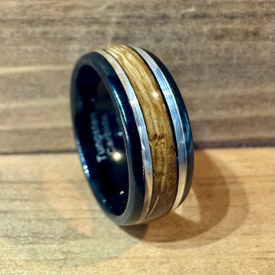The Angler” Black Tungsten Ring With Deep Sea Fishing Line