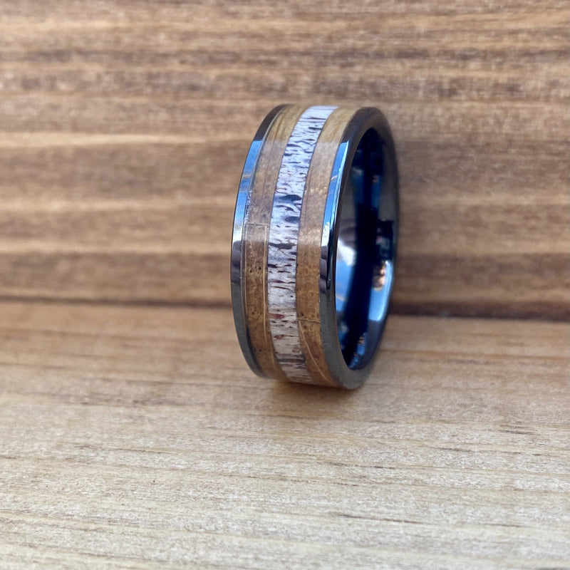 "The Outdoorsman" Black Ceramic Ring With Deer Antler and Reclaimed Whiskey Barrel Wood ALT Wedding Band BW James Jewelers 