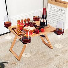 Load image into Gallery viewer, Picnic Table Portable, Foldable Wine Table Bamboo Snack Table Beach Table with 4 Cheese Knives and Wine Bottle Glass Holder Adjustable Rotation
