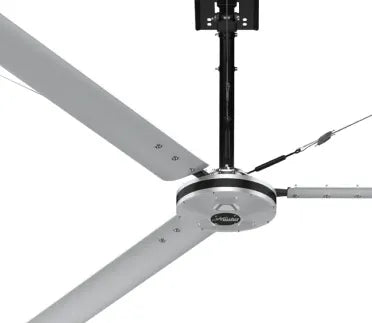 Close-up view of an HVLS fan with silver blades.