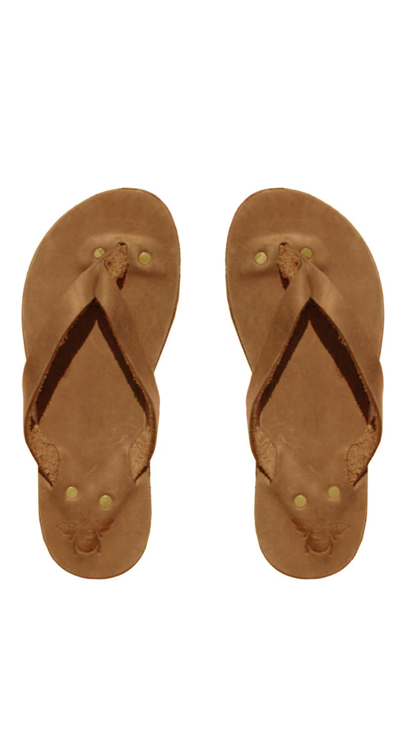 tan leather flip flops