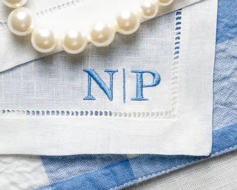 Two Initial Monogram Embroidered Cocktail Napkin Blue