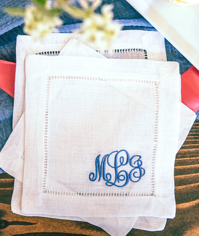 Blue 3 Initial Monogram Embroidered Cocktail Napkin