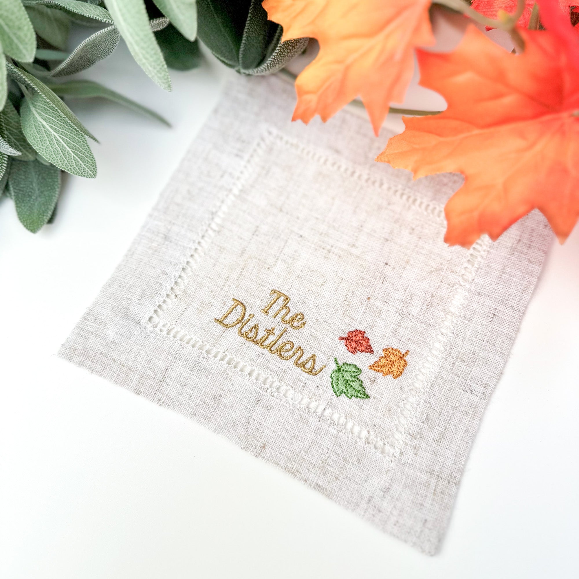 Embroidered Cocktail Napkins with Fall Leaves and Minimalist Custom Name Set - Oatmeal