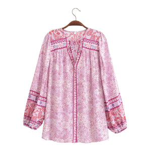 Serene Pink Boho Floral Print Long Sleeve Blouse - Queen Boheme