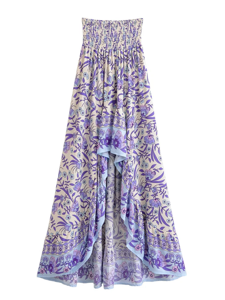 Lavender Bliss Boho Floral Print High-Low Maxi Skirt
