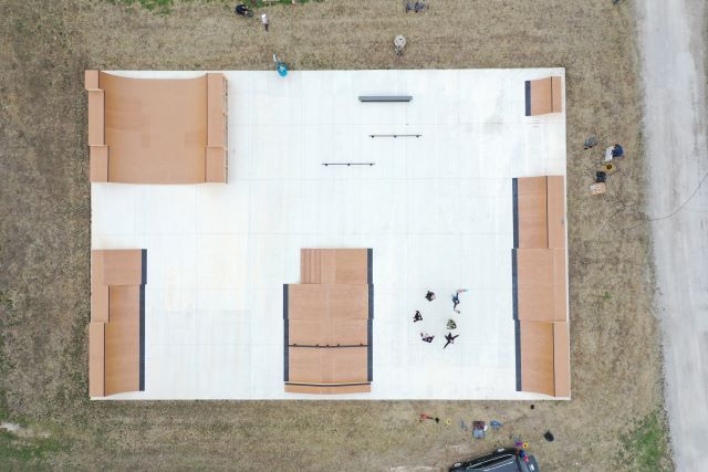 Drone team picture of completed skate park in Marissa, IL