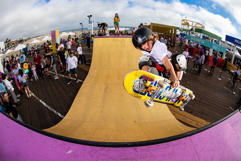 Kickflip Kaydin skating OC Ramps mini ramp on Santa Monica Pier for American Express