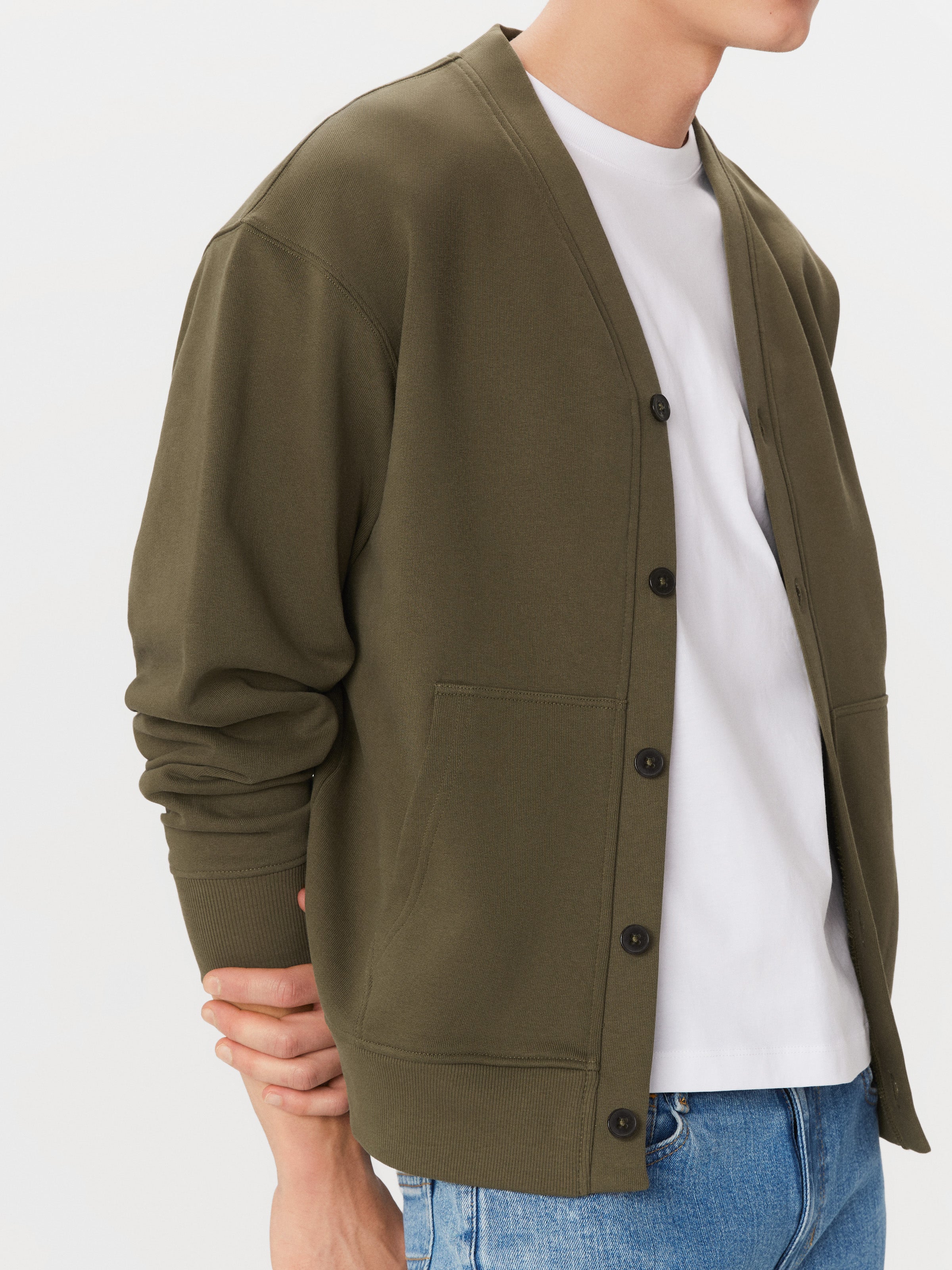 The French Terry V-Neck Cardigan in Tuscany Green