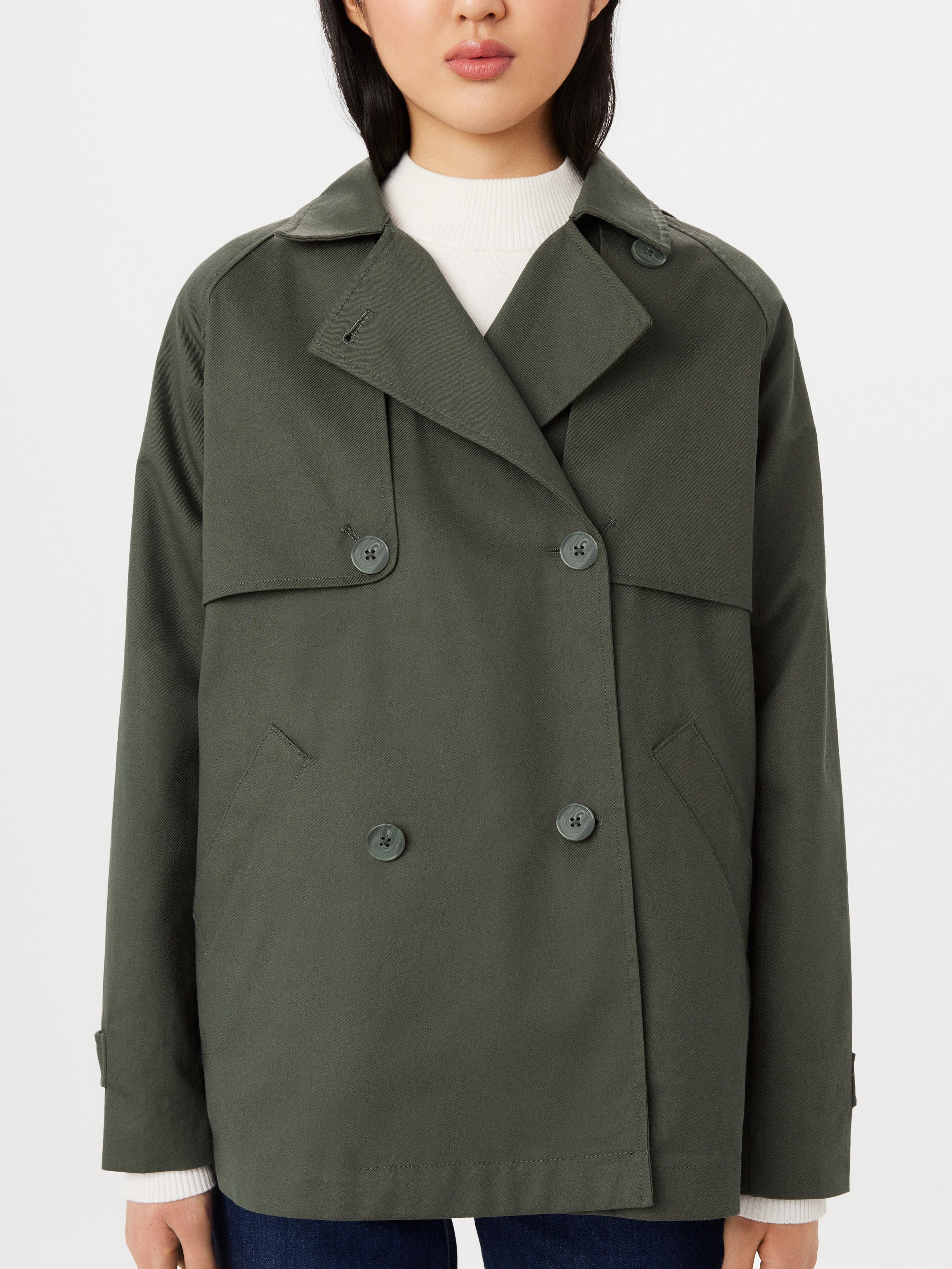 The Kapok Cropped Trench Coat in Boreal Green