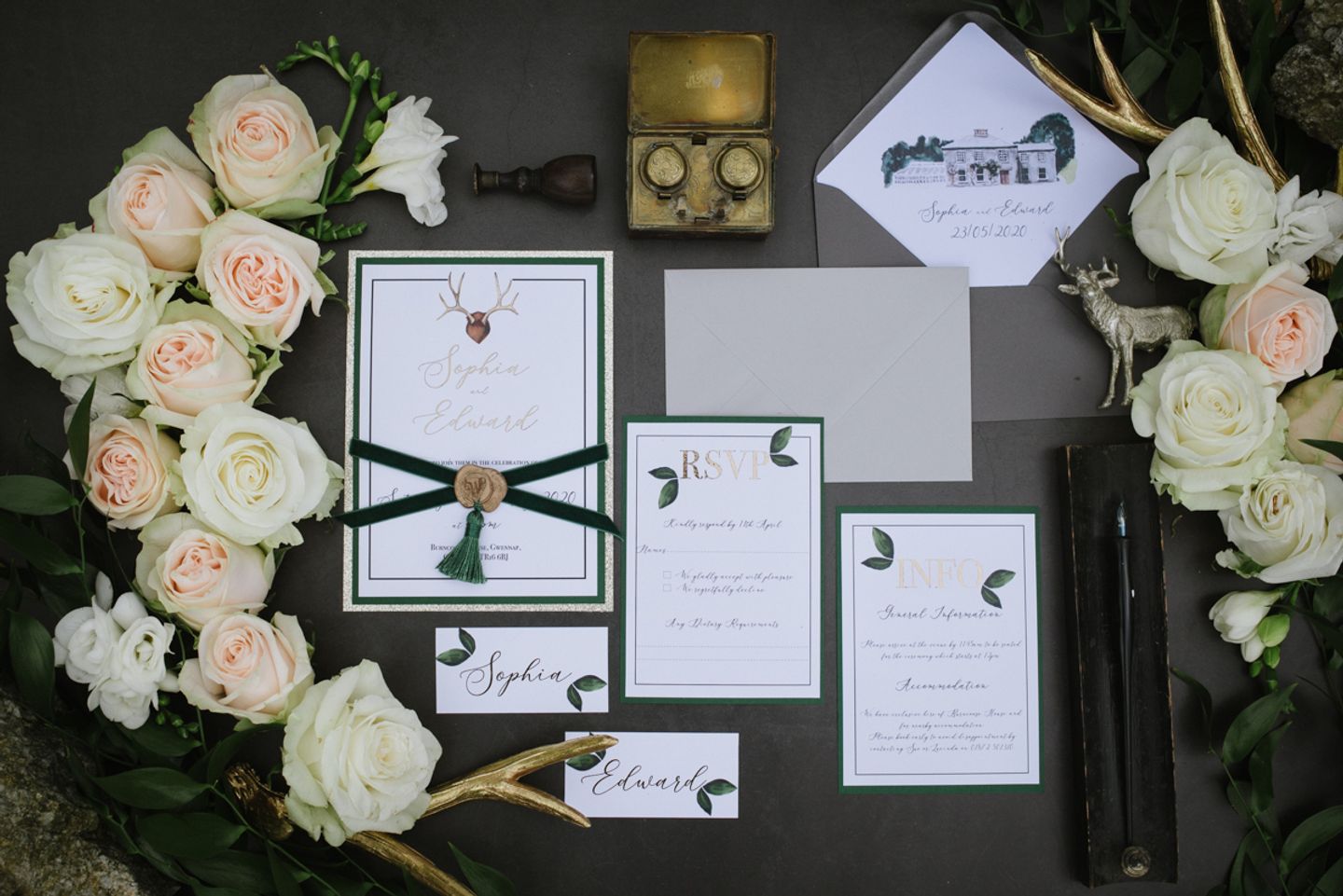 Cornish Country House wedding invite flat lay inspiration 