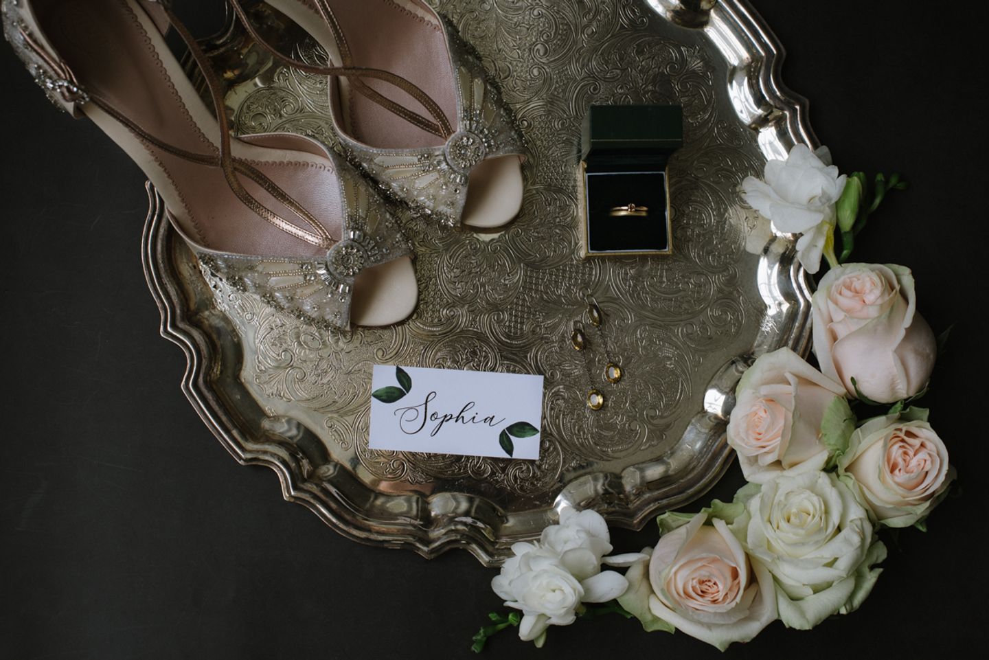 Wedding flat lay styling, Art Deco heels with bridal jewellery on a silver tray with roses