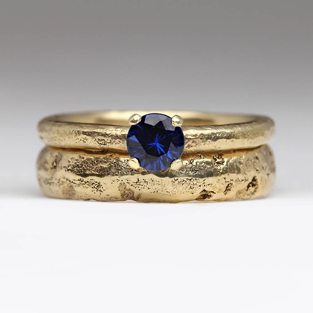 Chunky extra texture wedding ring and sapphire engagement ring