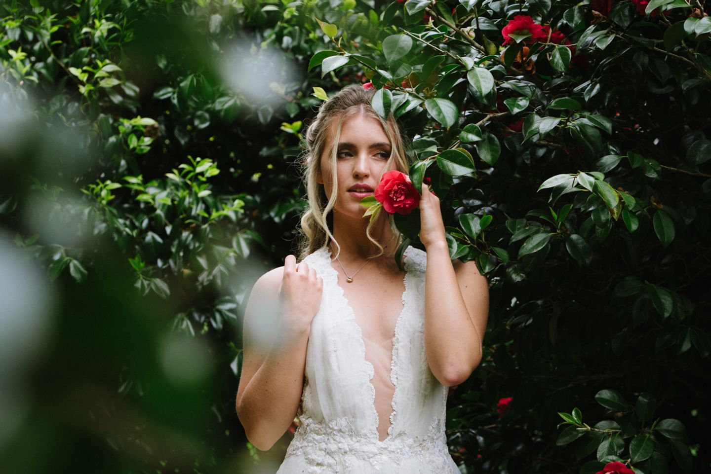 Bride among red camellias, country house garden wedding