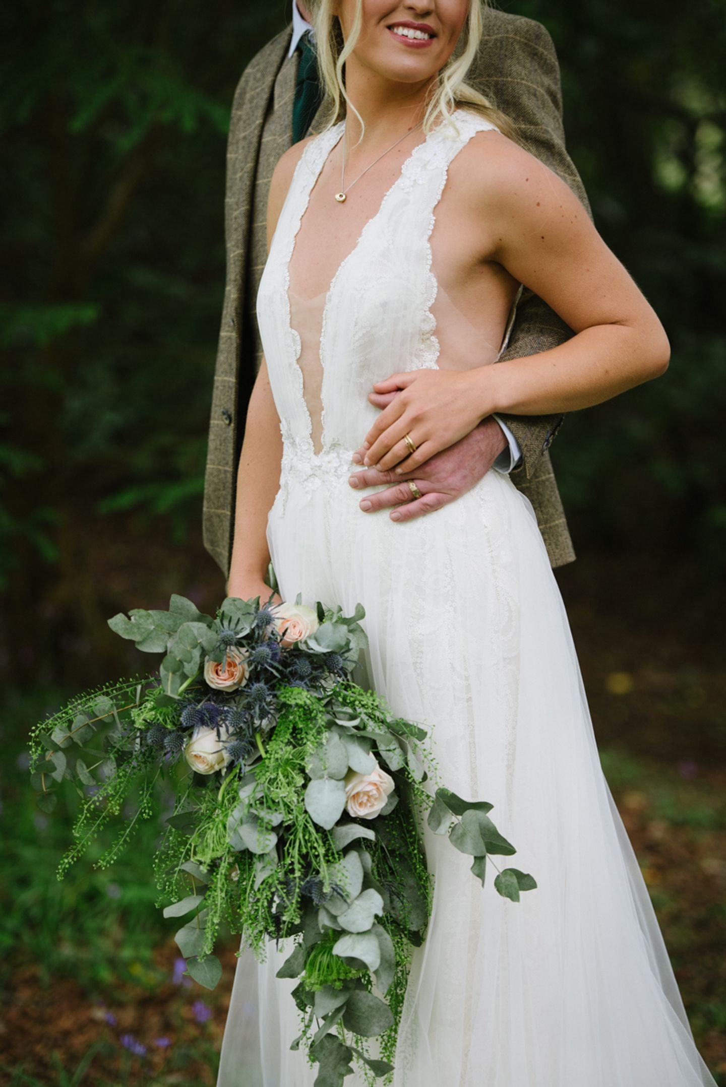 Cornish country house wedding, rustic bridal bouquet and his and hers wedding and engagement rings