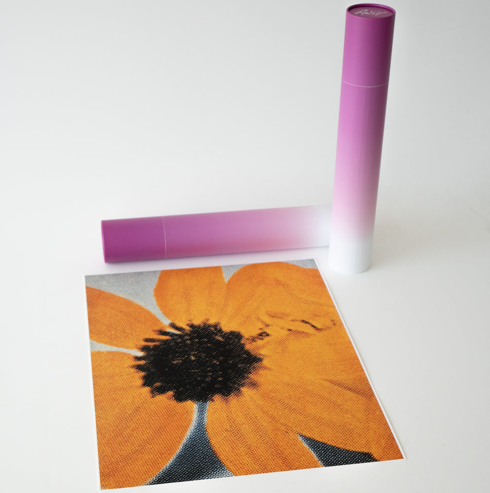 A canvas print of a sunflower beside a rolled-up purple tube on a white surface.