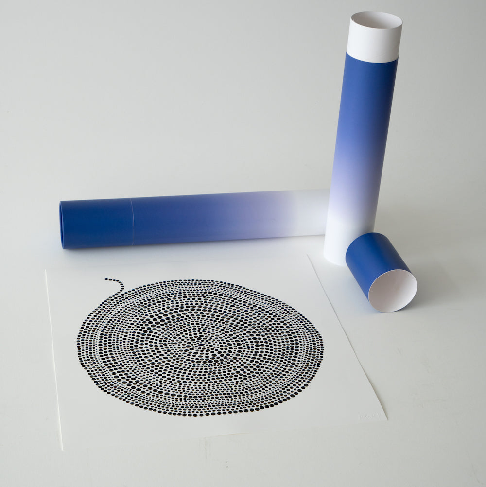 Two blue poster tubes with a black and white spiral print lying between them.