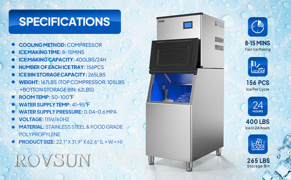 ROVSUN 110LB Ice / 24h Commercial Ice Maker Machine, 24lbs Storage Bin,  Freestanding Ice Machine for Restaurant Bar Cafe Home Office with 2 Ways of  Water Adding, Includes Scoop & Connection Hose 