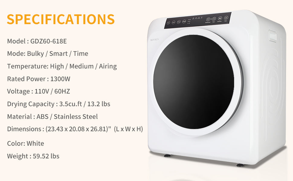  ROVSUN 110V Portable Clothes Dryer, High End Laundry Front Load  Tumble Dryer Machine with Stainless Steel Tub & Simple Control Knob for  Apartment, Dorm-850W, White : Appliances