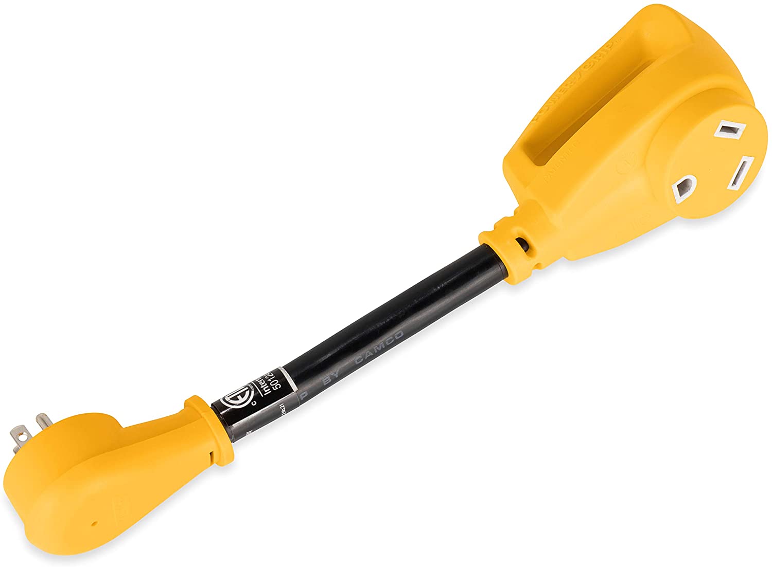 Camco (55165) Heavy Duty RV Dogbone Electrical Adapter with Innovative 180 Degree Bend Design and Easy PowerGrip Handle - 15 Amp Male to 30 Amp Female, 12"